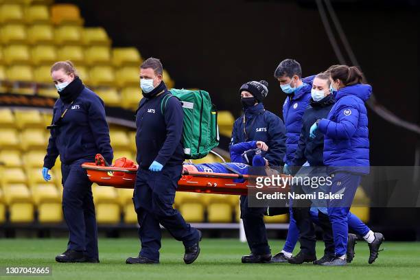 Maren Mjelde of Chelsea is stretchered off after picking up an injury during the FA Women's Continental Tyres League Cup Final match between Bristol...