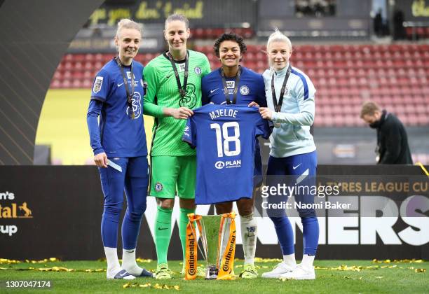 Sophie Ingle, Ann-Katrin Berger, Jess Carter and Pernille Harder of Chelsea celebrate with the Barclays FA Women's Continental Tyres League Cup...