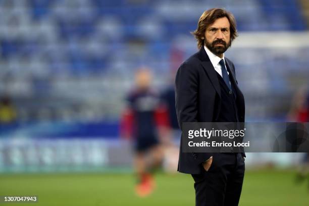 Andrea Pirlo coach of Juventus looks on during the Serie A match between Cagliari Calcio and Juventus at Sardegna Arena on March 14, 2021 in...