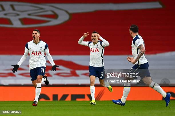 Erik Lamela of Tottenham Hotspur celebrates with team mates Sergio Reguilon and Pierre-Emile Hojbjerg after scoring their side's first goal during...