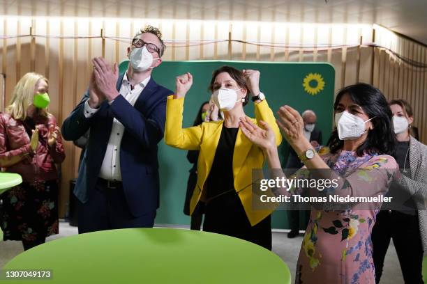 Andreas Schwarz, head of the German Greens party in Baden-Wuerttemberg, Sandra Detzer, state chairwoman of the German Greens party and President of...