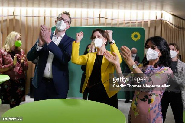 Andreas Schwarz, head of the German Greens party in Baden-Wuerttemberg, Sandra Detzer, state chairwoman of the German Greens party and President of...
