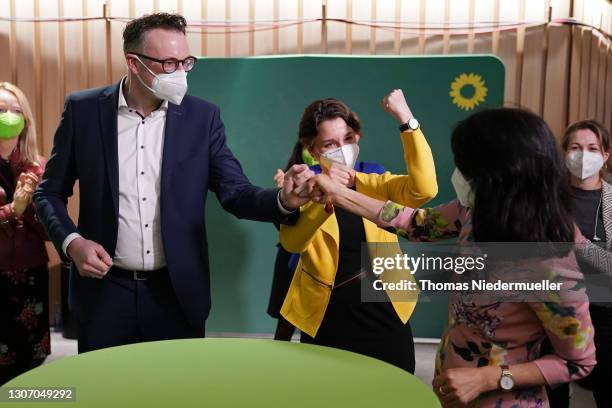 Andreas Schwarz, head of the German Greens party in Baden-Wuerttemberg, Sandra Detzer, state chairwoman of the German Greens party and President of...