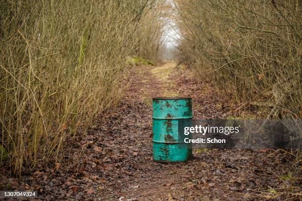 a green barrel in a dense bush in the spring - inconvenience stock pictures, royalty-free photos & images