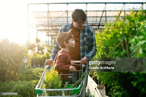 familie die bomen bij een tuincentrum in de lente koopt - tuincentrum stockfoto's en -beelden