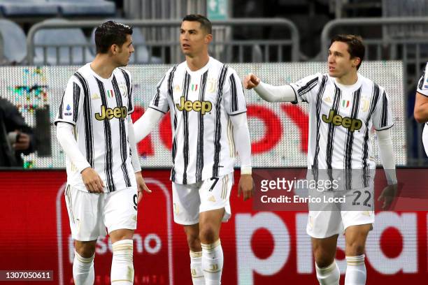 Cristiano Ronaldo celebrates his goal 0-1 during the Serie A match between Cagliari Calcio and Juventus at Sardegna Arena on March 14, 2021 in...