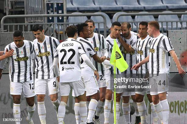 Cristiano Ronaldo celebrates his goal 0-1 during the Serie A match between Cagliari Calcio and Juventus at Sardegna Arena on March 14, 2021 in...