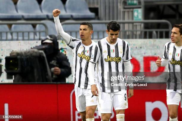 Cristiano Ronaldo celebrates his goal 0-1 during the Serie A match between Cagliari Calcio and Juventus at Sardegna Arena on March 14, 2021 in...