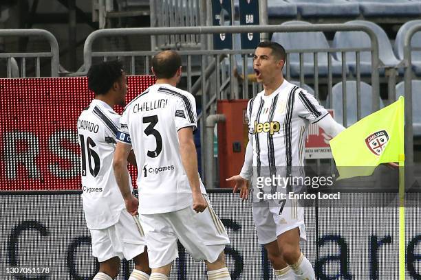 Cristiano Ronaldo celebrates his goal 0-1 during the Serie A match between Cagliari Calcio and Juventus at Sardegna Arena on March 14, 2021 in...