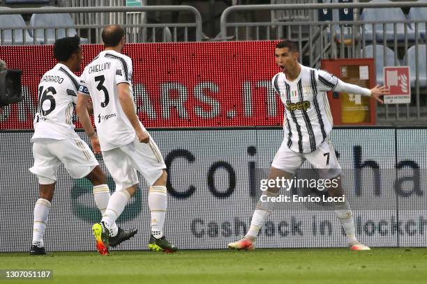 Cristiano Ronaldo celebrates his goal 0-1 during the Serie A match between Cagliari Calcio and Juventus at Sardegna Arena on March 14, 2021 in...