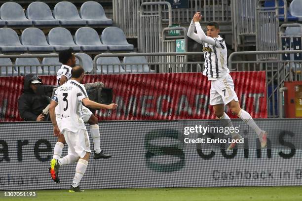 Cristiano Ronaldo celebrates his goal 0-1 during the Serie A match between Cagliari Calcio and Juventus at Sardegna Arena on March 14, 2021 in...