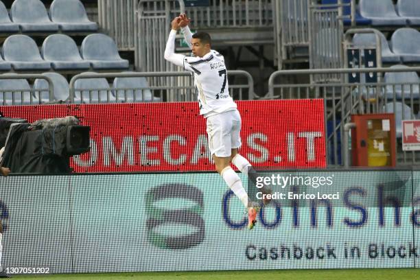 Cristiano Ronaldo celebrates his goal 0-1 during the Serie A match between Cagliari Calcio and Juventus at Sardegna Arena on March 14, 2021 in...