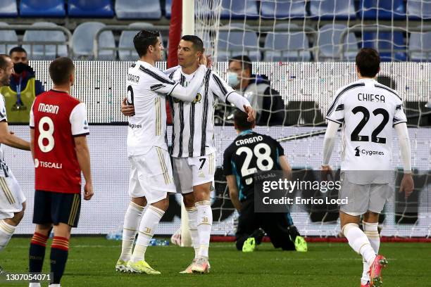 Cristiano Ronaldo celebrates his goal 0-2 during the Serie A match between Cagliari Calcio and Juventus at Sardegna Arena on March 14, 2021 in...