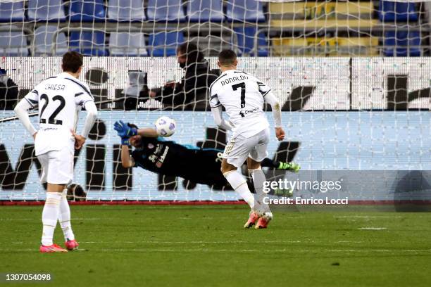 Cristiano Ronaldo celebrates his goal 0-2 during the Serie A match between Cagliari Calcio and Juventus at Sardegna Arena on March 14, 2021 in...