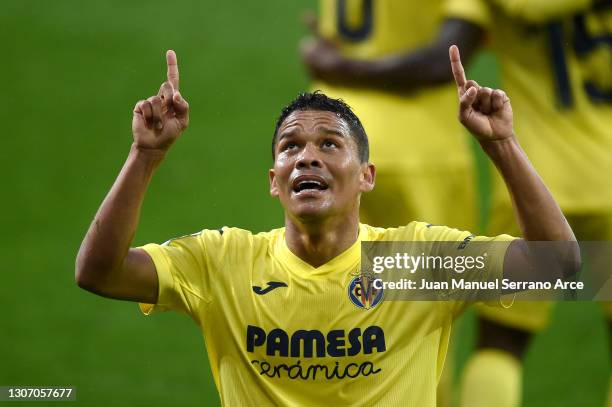 Carlos Bacca of Villarreal CF celebrates after scoring their side's second goal during the La Liga Santander match between SD Eibar and Villarreal CF...