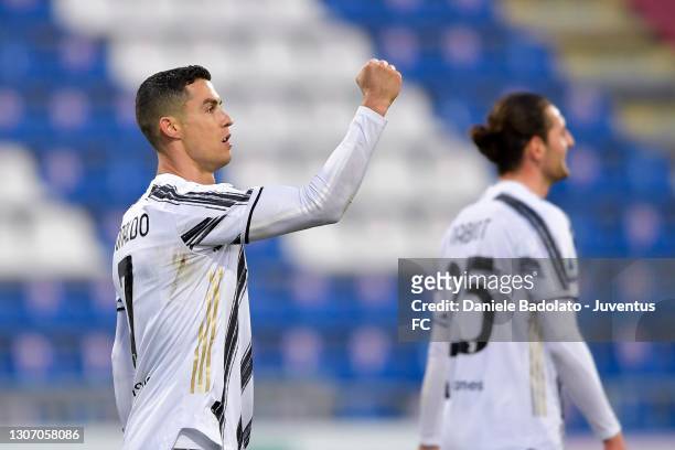 Juventus player Cristiano Ronaldo celebrates 0-2 goal during the Serie A match between Cagliari Calcio and Juventus at Sardegna Arena on March 14,...
