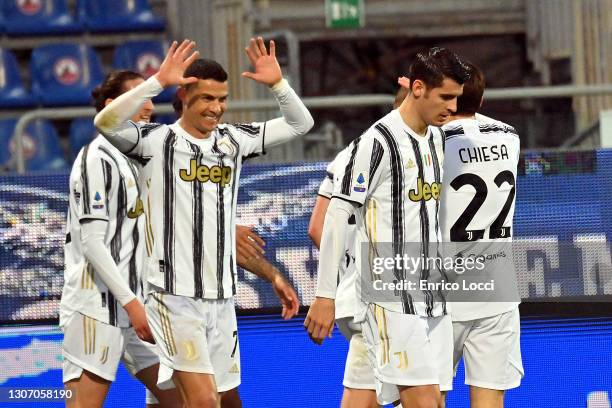 Cristiano Ronaldo of Juventus celebrates his goal during the Serie A match between Cagliari Calcio and Juventus at Sardegna Arena on March 14, 2021...