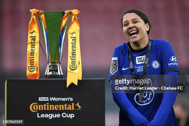Sam Kerr of Chelsea celebrates with the FA Women's Continental Tyres League Cup Trophy following her team's victory in the FA Women's Continental...