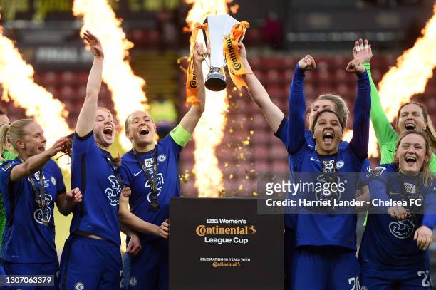 Magdalena Eriksson and Millie Bright of Chelsea lift the FA Women's Continental Tyres League Cup Trophy following their team's victory in the FA...
