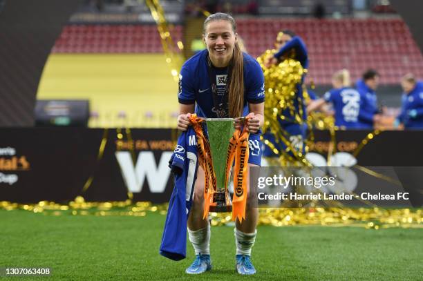 Fran Kirby of Chelsea celebrates with the FA Women's Continental Tyres League Cup Trophy following her team's victory in the FA Women's Continental...
