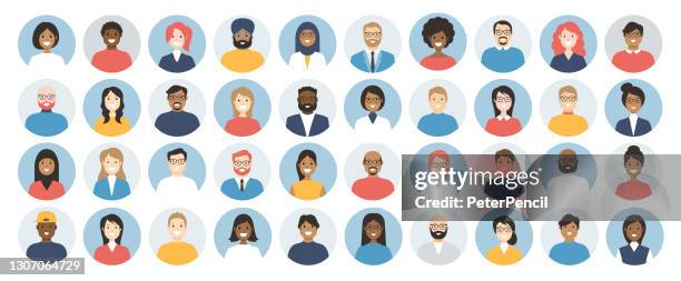 people avatar round icon set - profile diverse faces for social network - vector abstract illustration - girl blonde hair with glasses stock illustrations