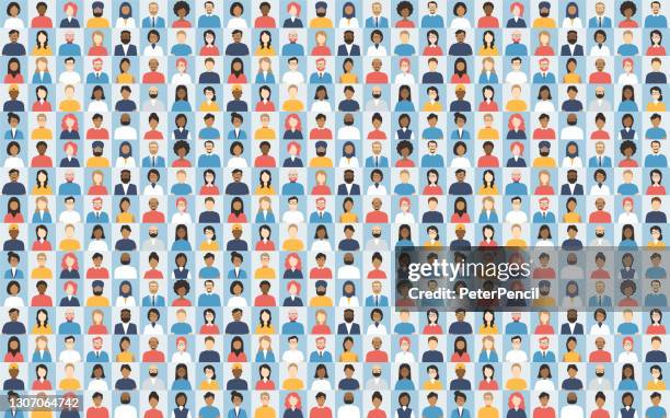 stockillustraties, clipart, cartoons en iconen met mensen avatar grote menigte - diverse lege gezichten - vector abstracte illustratie. videoconferentiescherm. sociaal netwerk - grote groep mensen