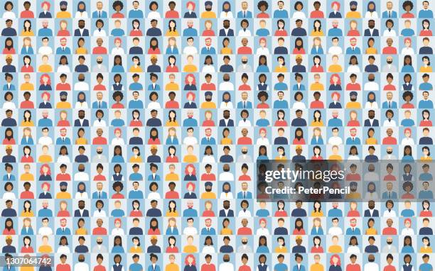 people avatar big crowd - diverse empty faces - vector abstract illustration. video conference screen. social network - large business meeting stock illustrations