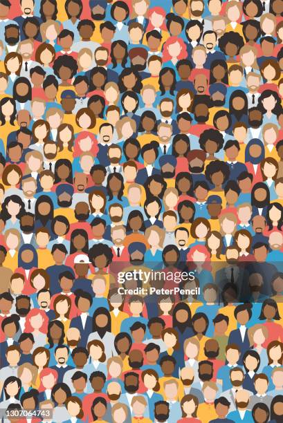 ilustrações de stock, clip art, desenhos animados e ícones de multicultural crowd of people. group of different men and women. young, adult and older peole. european, asian, african and arabian people. empty faces. vector illustration. - gigante