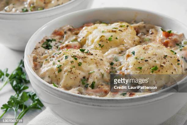 creamy chicken and dumplings - chicken stew stock pictures, royalty-free photos & images