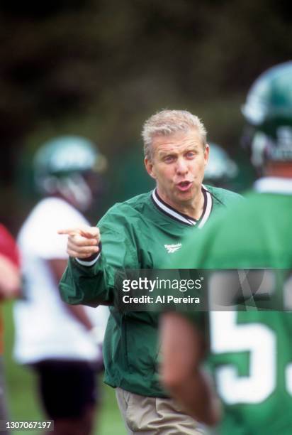 New York Jets Head Coach Bill Parcells coaches his team during practice at the New York Jets Training Facility Complex on May 10, 1997 in Hempstead,...