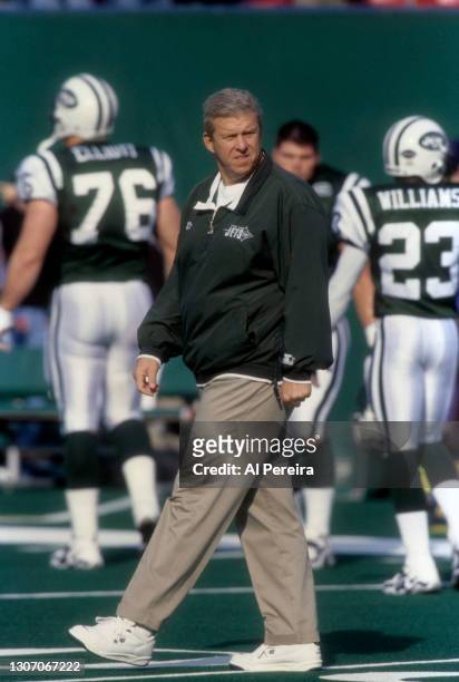 New York Jets Head Coach Bill Parcells coaches his team against The Carolina Panthers at The Meadowlands on November 29, 1998 in East Rutherford, New...
