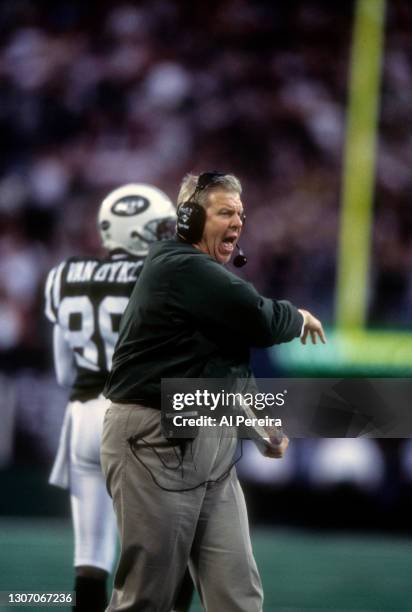 New York Jets Head Coach Bill Parcells coaches his team against The Seattle Seahawks at The Meadowlands on December 6, 1998 in East Rutherford, New...