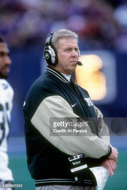 New York Jets Head Coach Bill Parcells coaches his team against The New York Giants at The Meadowlands on December 5, 1999 in East Rutherford, New...