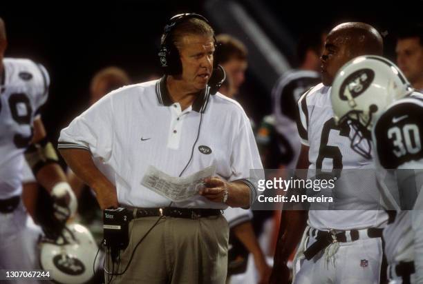 New York Jets Head Coach Bill Parcells coaches his team against The New York Giants at The Meadowlands on August 28, 1999 in East Rutherford, New...
