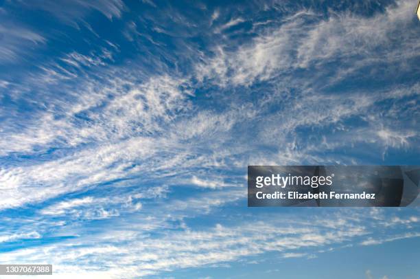 full frame of cirrus fibratus intortus clouds in blue sky - cirrus stockfoto's en -beelden