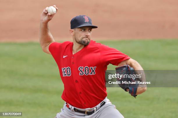 Nathan Eovaldi of the Boston Red Sox delivers a pitch against the Minnesota Twins during the second inning of a Grapefruit League spring training...