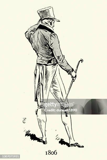 young man wear knee length breeches, tailed coat, top hat, paris fashions early 19th century - tail coat stock illustrations