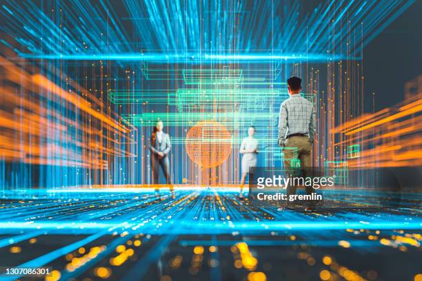business meeting in futuristic vr environment - futuristic interface stock pictures, royalty-free photos & images