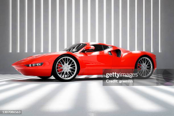 generic modern sports car in concrete garage - símbolo de status imagens e fotografias de stock