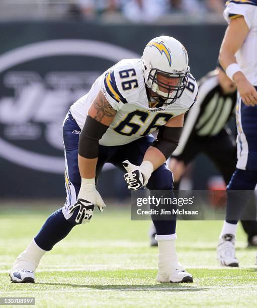 Jeromey Clary of the San Diego Chargers in action against the New York Jets on October 23, 2011 at MetLife Stadium in East Rutherford, New Jersey....