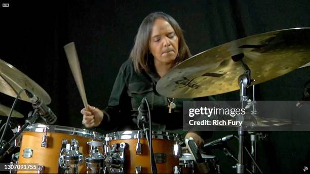 In this screengrab released on March 14, Terri Lyne Carrington of music group Terri Lyne Carrington + Social Science performs for the 63rd Annual...