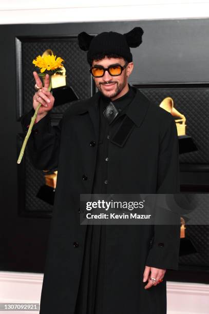 Bad Bunny attends the 63rd Annual GRAMMY Awards at Los Angeles Convention Center on March 14, 2021 in Los Angeles, California.