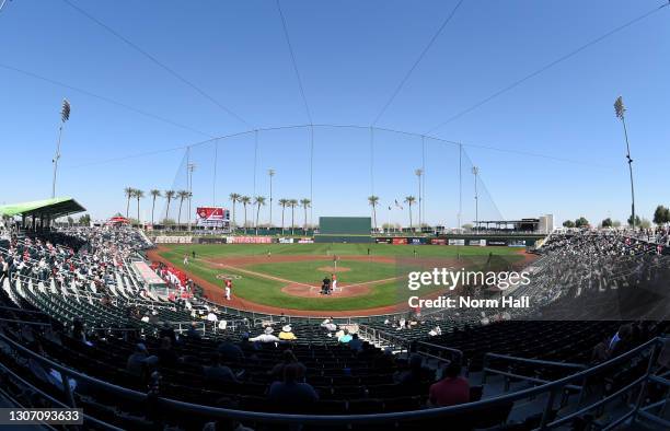 General view of Goodyear Ballpark during a spring training game between the Cincinnati Reds and San Diego Padres on March 14, 2021 in Goodyear,...