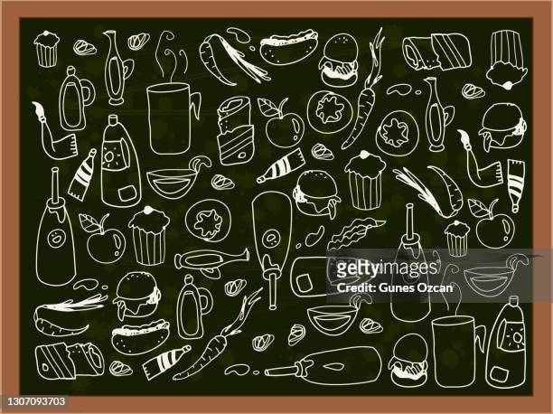 手描きの食べ物と飲み物の落書きパターン - ブラックボード上のチョークドロー - フード&ドリンクコンセプト - chalk board background点のイラスト素材／クリップアート素材／マンガ素材／アイコン素材