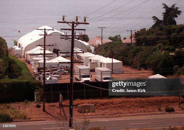 Tents for the wedding of actors Jennifer Aniston and Brad Pitt stand by the Pacific Ocean July 27, 2000 in Malibu, CA. It was reported that they will...