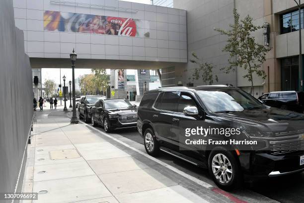 General views of limousines arriving to LA Live outside of the Los Angeles Convention Center during the 63rd Annual GRAMMY Awards on March 14, 2021...