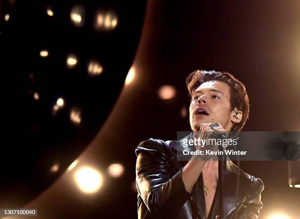 In this image released on March 14, Harry Styles performs onstage during the 63rd Annual GRAMMY Awards at Los Angeles Convention Center in Los...