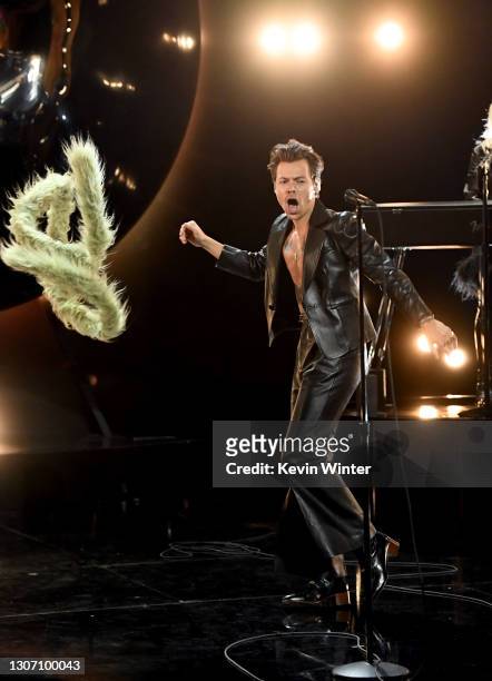 In this image released on March 14, Harry Styles performs onstage during the 63rd Annual GRAMMY Awards at Los Angeles Convention Center in Los...