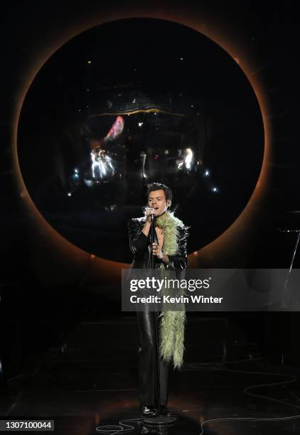 In this image released on March 14, Harry Styles performs onstage during the 63rd Annual GRAMMY Awards at Los Angeles Convention Center in Los...