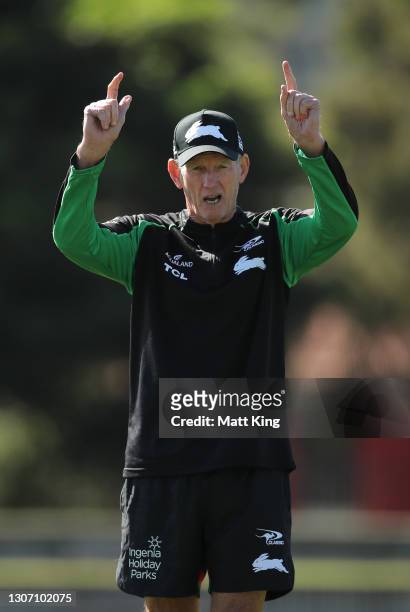 Rabbitohs head coach Wayne Bennett looks on during a South Sydney Rabbitohs NRL training session at Redfern Oval on March 15, 2021 in Sydney,...